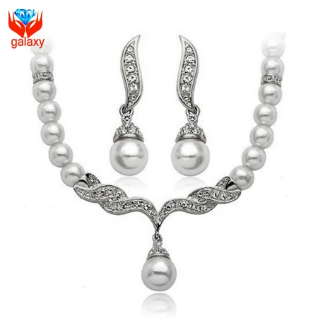 

2018 Fashion Imitation Pearl Bridal Wedding Jewelry Sets High Quality Gold Color Crystal Necklace Earrings Set ZS017