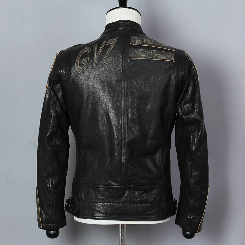 Best 2019 Fashion Genuine Leather Jacket Men Sheepskin Turn Down Collar Slim Fit Real Leather Jacket Short Letter pattern Autumn Coat 4
