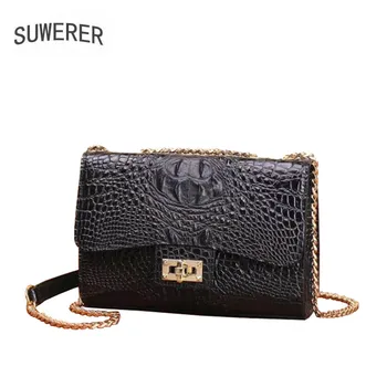 

SUWERER brand women's bag 2020 new leather small square bag Luxury crocodile shoulder messenger bag Chain bag