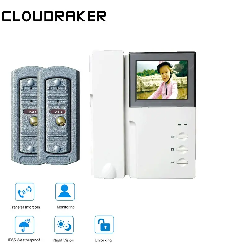 

CLOUDRAKER 4.3'' Video Intercom System 1x Monitor with 2x Pinhole Wired Video Door Phone Camera IR Night Vision Unlock