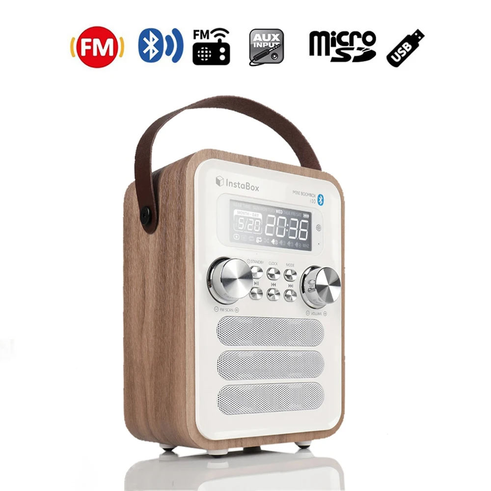 Tanie InstaBox i10 cyfrowe Radio FM wielofunkcyjny odtwarzacz MP3 drewniany zegar uchwyt radiowy przenośny retro głośnik bluetooth Micro SD TF