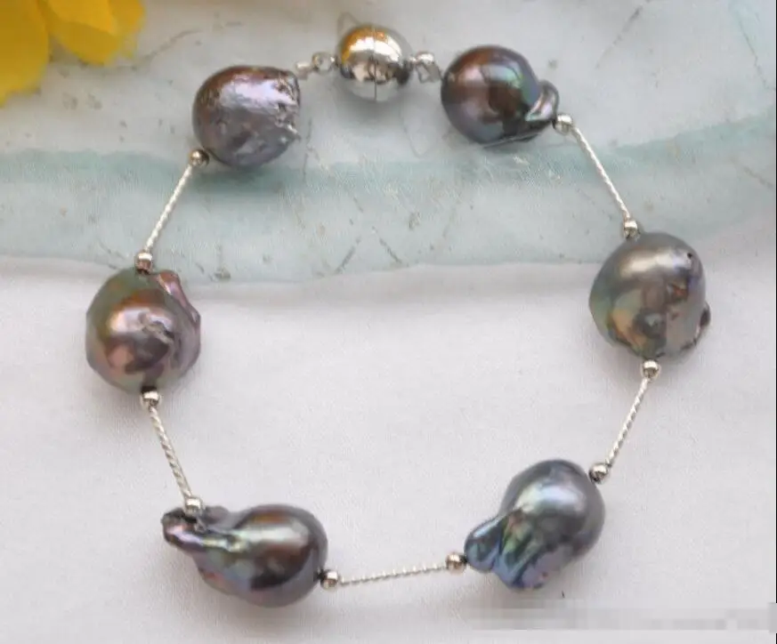 

Hot sale new Style >>>>>REAL 8" 17mm black BAROQUE KESHI REBORN PEARL gild bracelet