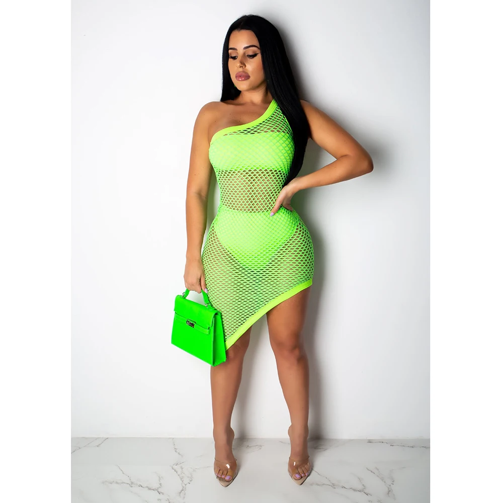 

Adogirl Sexy Transparent Fish Net Irregular Dress Women Casual One Shoulder With Lining Mini Sundress Night Club Summer Dress