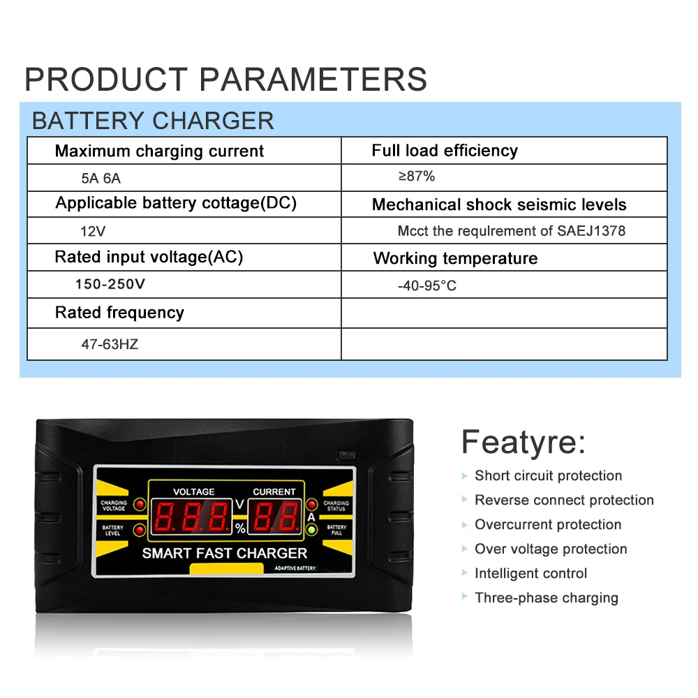 Полная Автоматическая автомобильная батарея зарядное устройство 150 в/250 В до 12 В 6A Smart Fast мощность зарядки для влажной сухой свинцово
