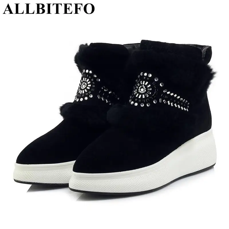 

ALLBITEFO genuine leather wedges heel platform women boots fashion Rhinestone high heels ankle boots women winter snow boots