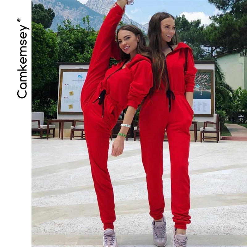 

CamKemsey Women Sportswear Loose Zipper Hooded Jumpsuit Overalls 2019 Autumn Winter Long Sleeve Casual Workout Tracksuits