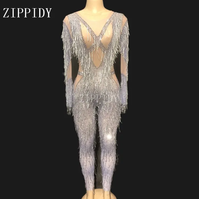 

2019 Mesh Bodysuit Sexy Transparent Tassel Women Jumpsuit Stage Dance Wear Birthday Celebrate Stretch Costume YOUDU