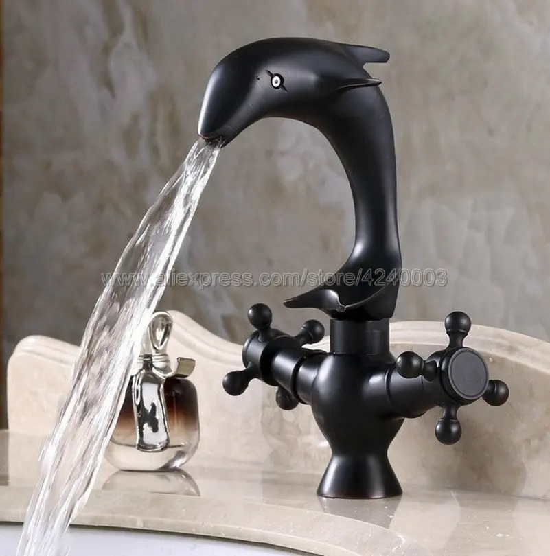 Oil Rubbed Bronze Dolphin Style Double Handle Basin Faucet Bathroom Single Hole Mixers Hot/Cold Water Mixer Tap Knf314