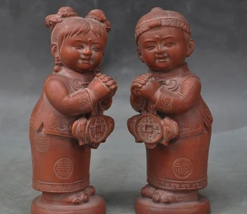 

Lucky Old Chinese Boxwood Hand-Carving Wealth Money Fish plutus Boy Girl Statue