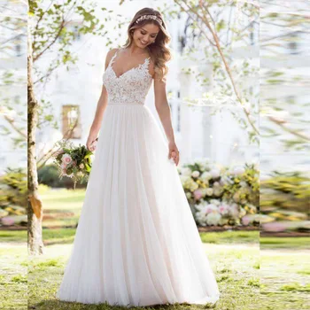 

In Stock Boho Wedding Dress 2019 Hot Spaghetti Strap Lace Beach Wedding Gowns Cheap Lace Up Back Vestido de Noiva Custom Made