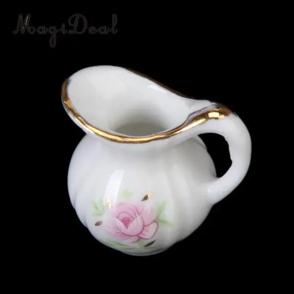MagiDeal Porcelain 8Pcs/Set Dollhouse Bathroom Accessory Floral Ceramic Children Toys Decoration Pastel Rose