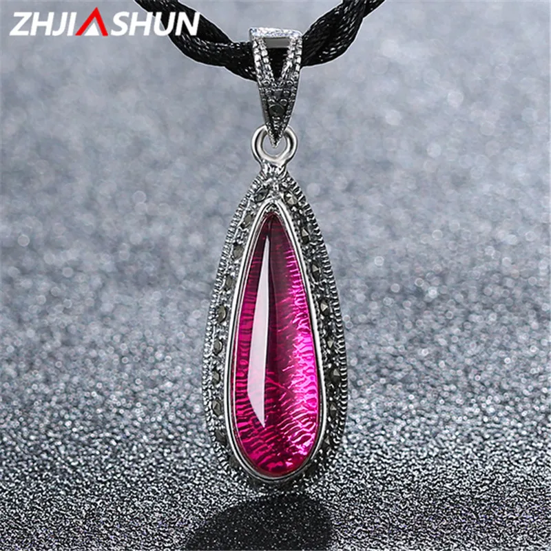 

ZHJIASHUN Water Drop Ruby/Sapphire Stone Pendants 925 Sterling Silver Necklaces for Women Fine Jewelry