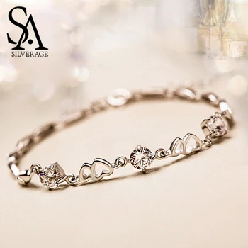 

SA SILVERAGE Real 925 Sterling Silver Bracelets & Bangles for Women Zirconia Heart Charm Bangle Bracelets 925 Silver Bracelet