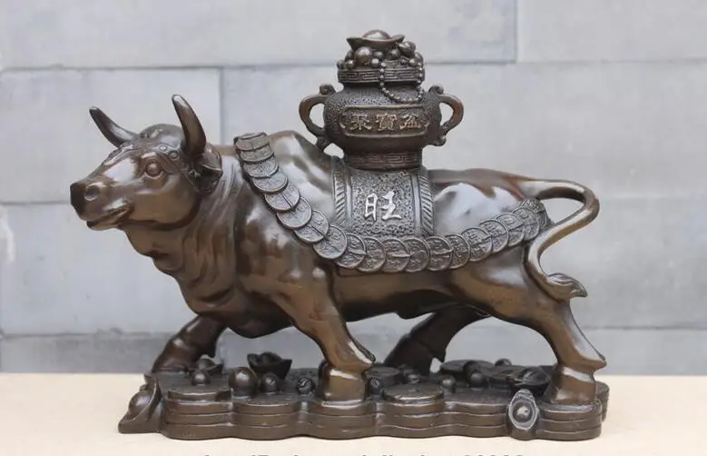 

China Feng Shui Pure Bronze Treasure bowl OX Bull Attract Wealth beast Statue