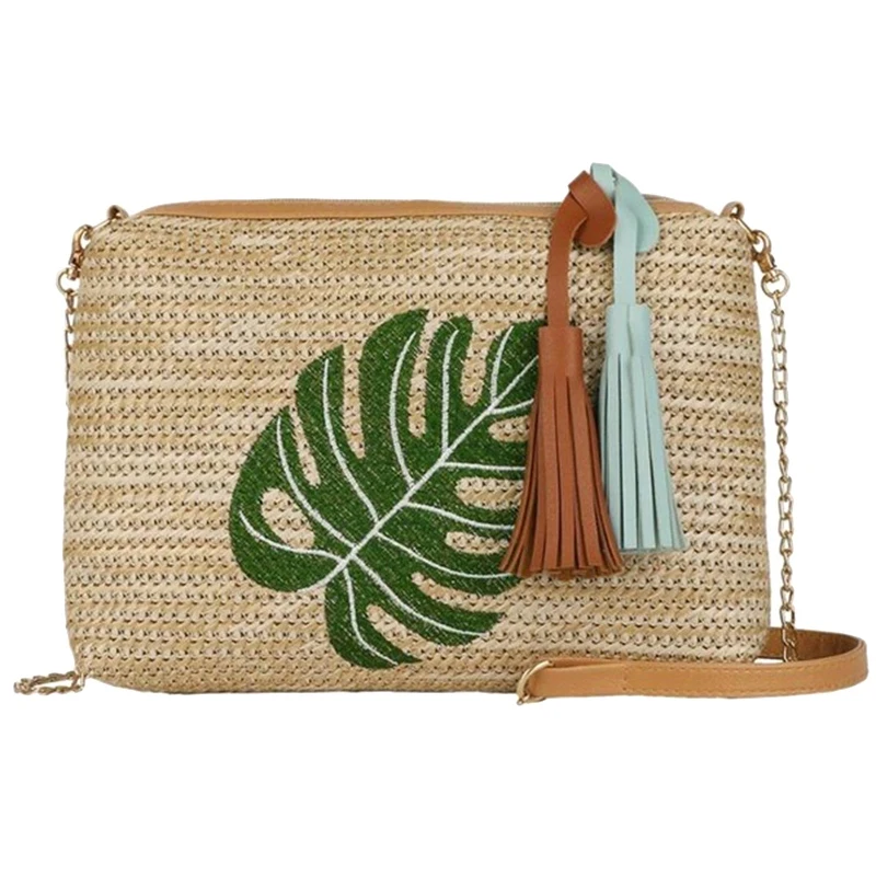 

Women Straw Shoulder Bags Embroidery Zipper Handbags Summer Beach Bohemian Crossbody Bags Leaf