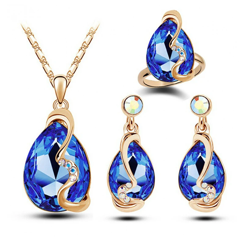 

Fashion Austrian Crystal Earrings+Pendant Necklace+Rings Jewelry Set