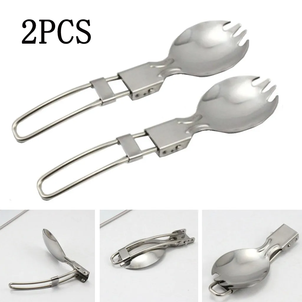 

2pcs Dual-use Spoon With Fork Food Grade Stainless Steel Cutlery Tableware Folding Portable Traval Outdoor Fork Spoon
