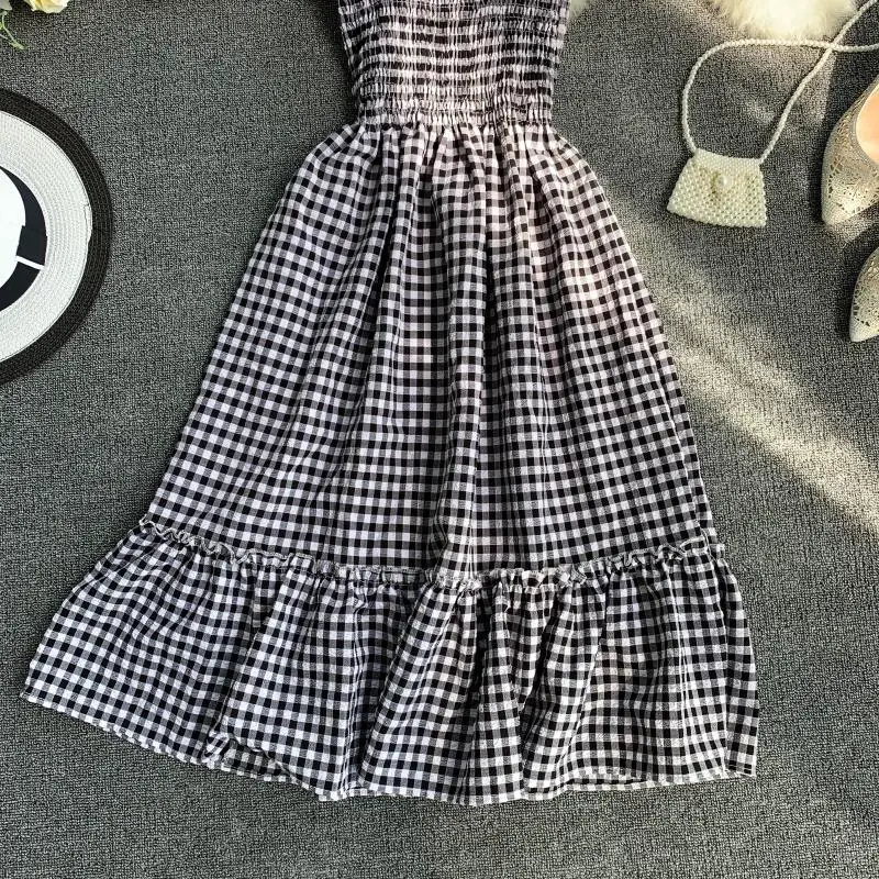 Slim Ladies Ruffles Vintage Plaid Print 2020 Sexy Summer Midi Dress Party Spaghetti Strap Women Casual Beach Elegant Vestidos