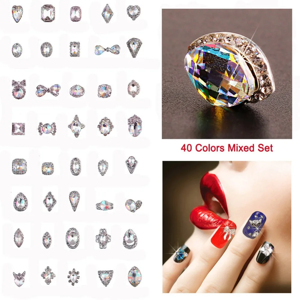 40pcs/Set Nail Art Rhinestone Crystal AB Color Heart Bow Knot Waterdrop Square Oval Shape Rhinestones DIY Decoration #276298 | Красота и