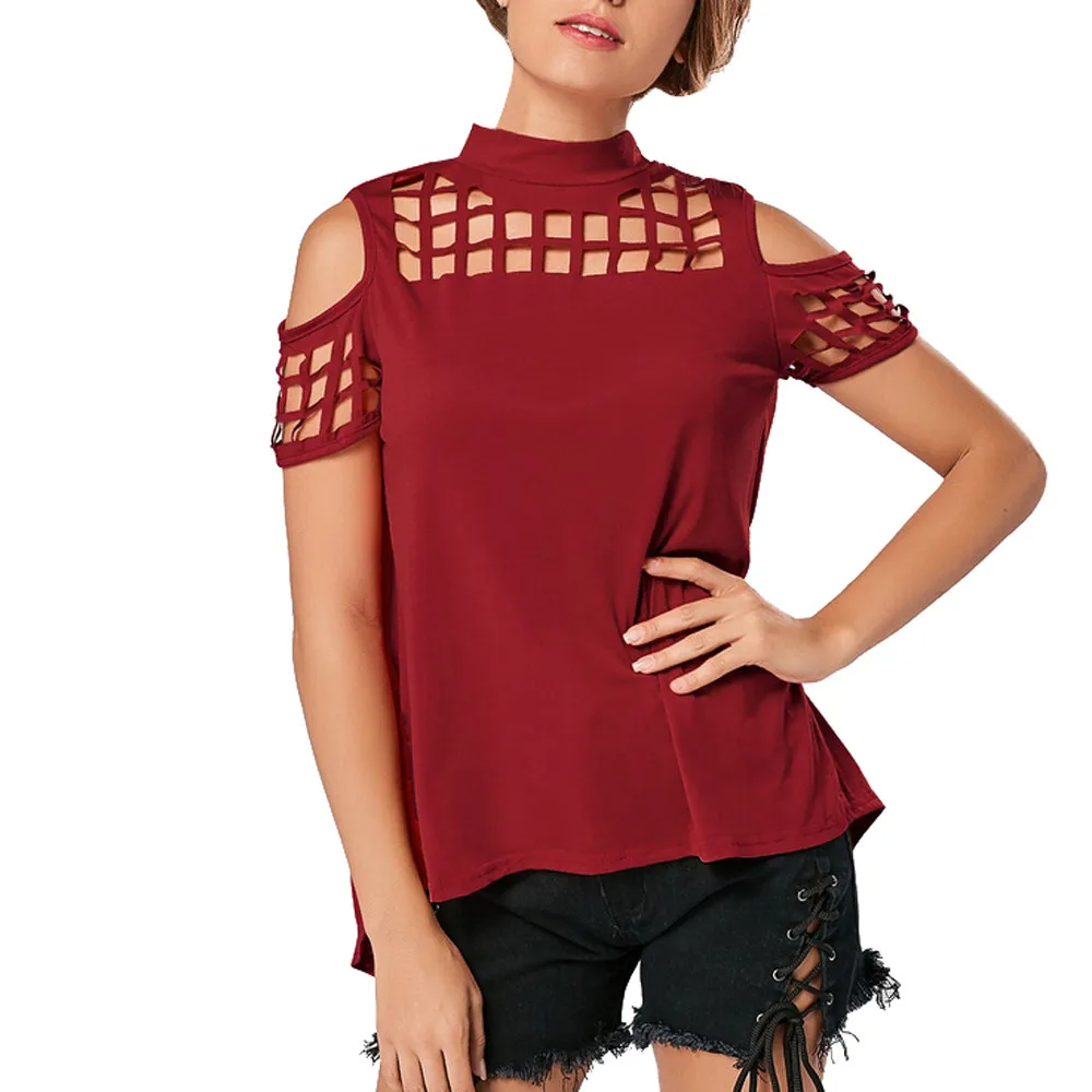 

Blouse Women Top Sexy Shirts Female Fashion Sexy Hollow Out Solid Short Sleeve O-Neck Women's Blouses 2019 Chemisier Femme LJ&50