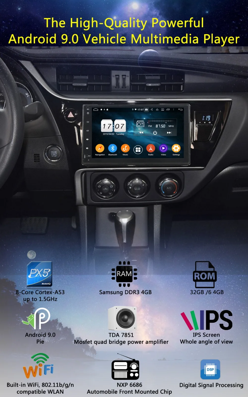 " ips 8 Core 4G+ 64G Android 9,0 автомобильный DVD мультимедийный плеер gps Радио для Toyota Corolla DSP CarPlay Parrot BT