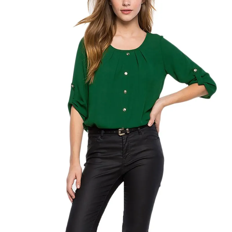 Модные летние Осенние повседневные женские блузки Дамский круглый вырез сзади полые офисные блузки элегантные рубашки топы - Цвет: Green