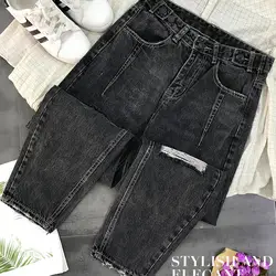2019 Женские джинсовые штаны плюс размеры Высокая талия рваные джинсы прямые черные узкие Feminino 5XL Девять Точка джинсы Mujer