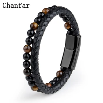 Natural Stone Bracelets Genuine Leather Braided Bracelet Black Stainless Steel Magnetic Clasp Tiger eye Bead