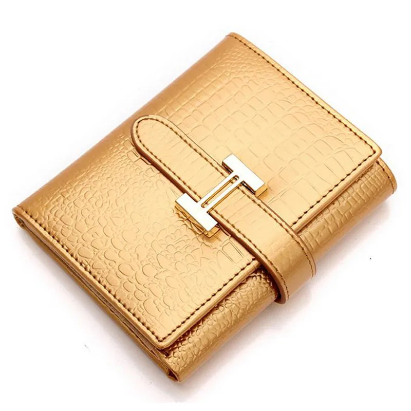 

New Fashion Short Genuine Leather Women Wallets 3 Folds Crocodile Pattern Wallet Business Credit Card Holder Purse Gold Red