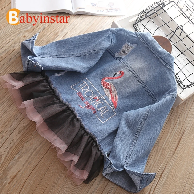 

Kids Denim Jackets For Girl Embroidered Flamingo Coats Toddler Children Fashion Net Yarn Splicing Coat 2019 New Spring