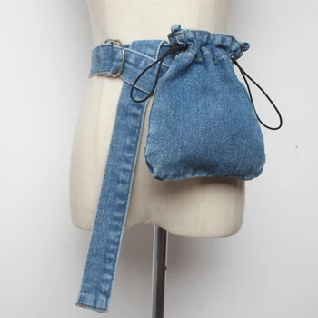 

Vintage Denim Fabric Self-tie Waist Belts Drawstring Bag For Women Detachable Phone Purse Bucket Bag Street Ladies Fanny Packs
