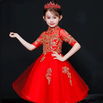 

Spring New Chinese Style Children Girls Luxury Embroidery Lace Red Birthday Wedding Party Dress Kids Teens Model Show Dress