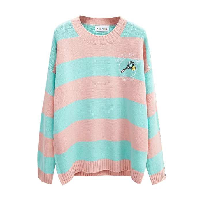 Women'S Sweaters Korean Harajuku Ulzzang Striped Cartoon Racket Loose Sweater Pullover Female Punk Clothing For Women