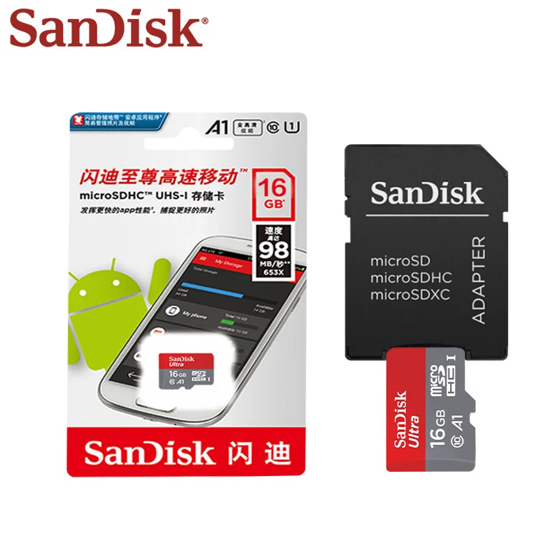 SanDisk 16 Гб Micro sd карта, Оригинальная карта памяти A1 MicroSD Max 80 м/с Uitra Class 10, TF карта 16 ГБ, Карта памяти SDHC