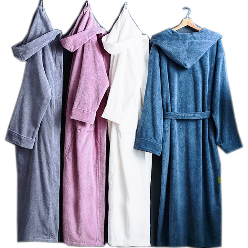 Осенне-зимние плотные одноцветные халаты из чистого хлопка, одежда для сна, халаты унисекс с длинными рукавами, абсорбирующий махровый халат, пижамы с капюшоном