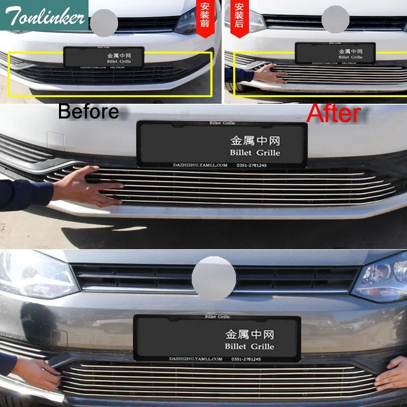 

Tonlinker new 1 pcs DIY Car styling New Metal Front Lower Grille Light Sticker Cover Case For Volkswagen POLO Hatchback 2013-16