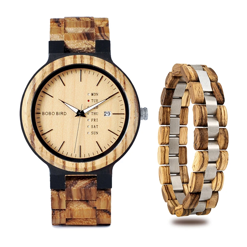 erkek kol saati BOBO BIRD Wood Men Watch Bracelet Set Week Display Date Quartz Watches in Wooden Box Accept Logo Drop Shipping