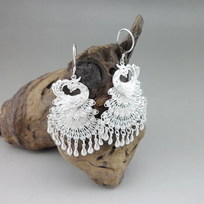 

999 Sterling Silver Earrings Vintage Peacock Bohemian Drop Earrings Big Miao Jewelry BOHO Ethnic Earing Women Handmade Jewelry
