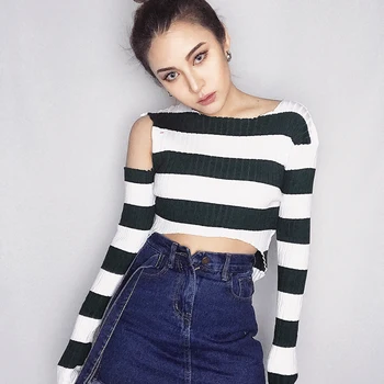 

T-shirts Women 2018 ,Korean Clothes Off The Shoulder Tops for Women , Streetwear Knitted Short Striped Long Sleeve Crop Top
