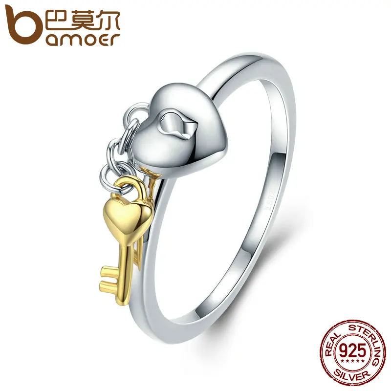 

BAMOER 925 Sterling Silver Heart Lock with Gold Color Key Finger Rings for Women Anniversary Engagement Jewelry S925 SCR205