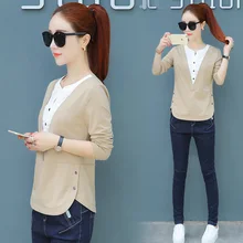 Осенняя новая Корейская версия V воротник с длинными рукавами футболка, женская одежда, поддельные два дна рубашки, пальто и зима