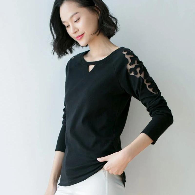 New 2018 spring Female T-shirt Long Sleeve Hollow plus size Women Cozy Cotton T Shirt Tops Tees Brand Fashion Camisetas | Женская одежда