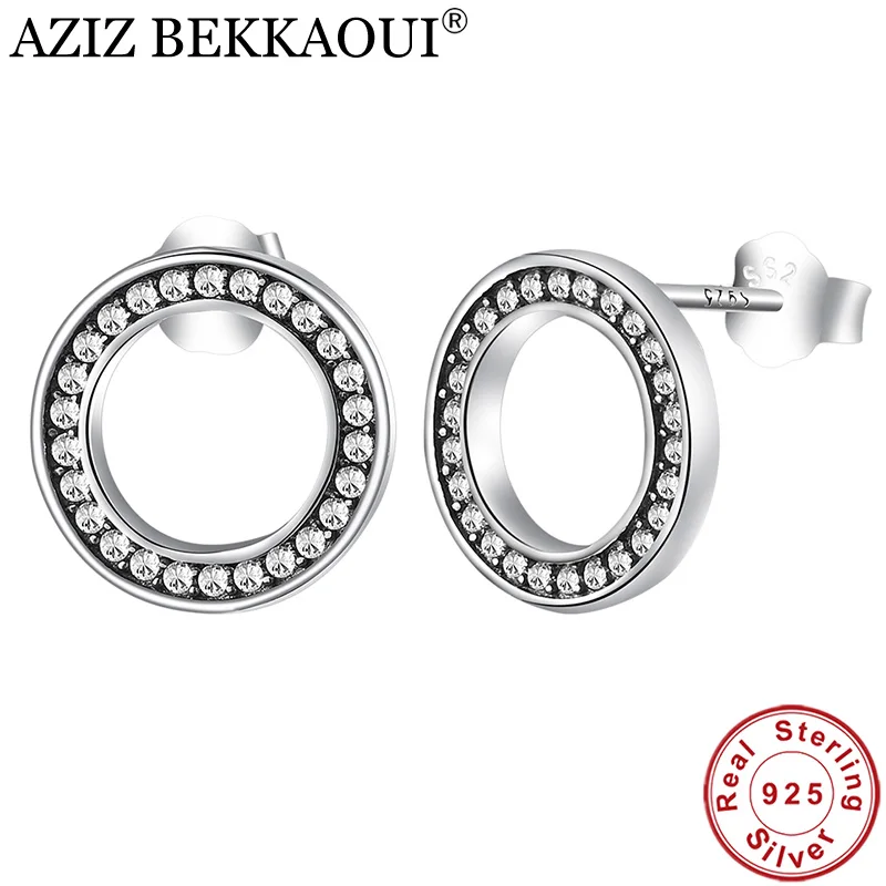 AZIZ BEKKAOUI, Новые подлинные 925 пробы серебряные Простые круглые серьги-гвоздики для женщин, Кристальные серьги для девочек, рождественский подарок