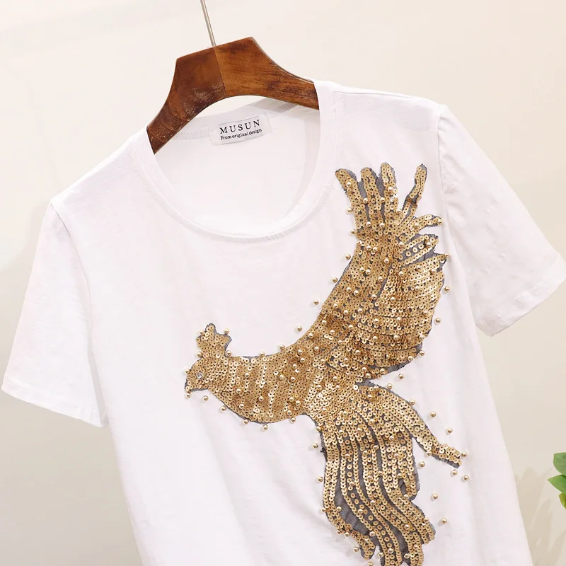ALPHALMODA/новая футболка с короткими рукавами, украшенная пайетками, жемчугом и Фениксом, рваные джинсы до середины икры, женские летние модные