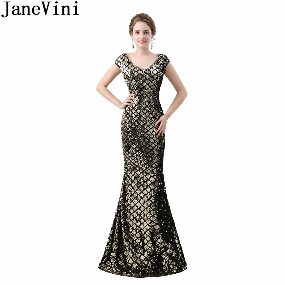 JaneVini Роскошный Золотой блестками Формальные Prom Dress Mermaid Черный Sheer назад подружек невесты платья для женщин для V образным вырезом Damigelle 2018