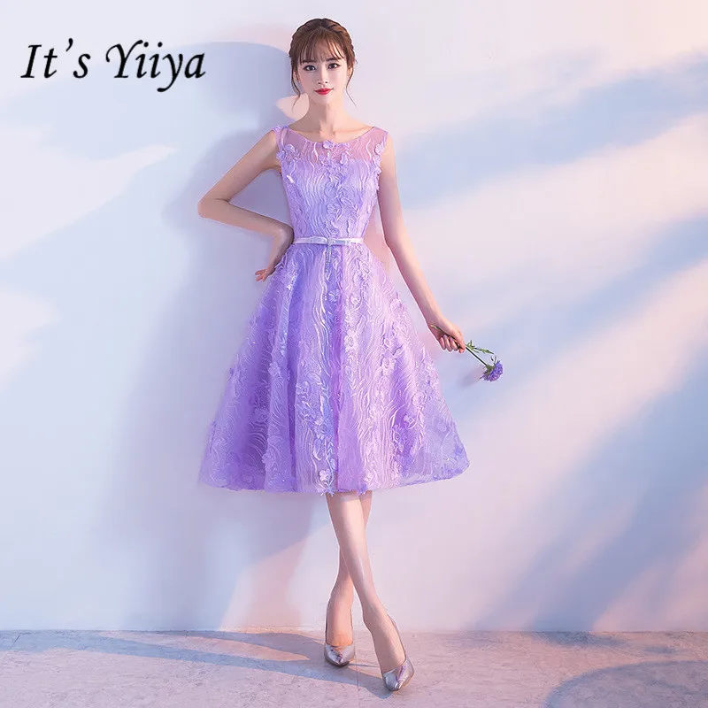 Это YiiYa фиолетовый кружева платья невесты элегантные аппликации О-образным вырезом Половина рукава тонкий трапециевидной формы платья H251