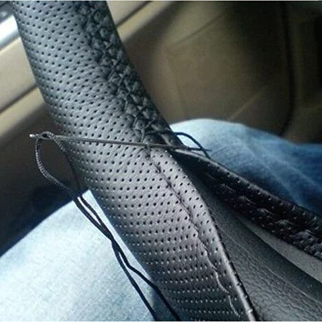 

2015 New Sale Universal Anti-slip Breathable PU Leather DIY Car Steering Wheel Cover Case With Needles and Thread Black