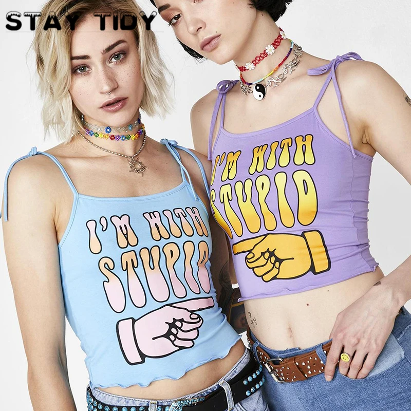 

STAY TIDY New 2019 Letter Print Crop Tops Women Summer Straps Adjustable Lace Up Backless Camisole Tops Trend Streetwear Tops