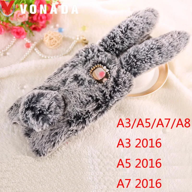 

Vonada Plush Case for Samsung Galaxy A3 2016 A310 A5 2016 A7 2016 A8 Cute Rabbit Ears Fur Cover TPU Jewelled Soft Case Cover