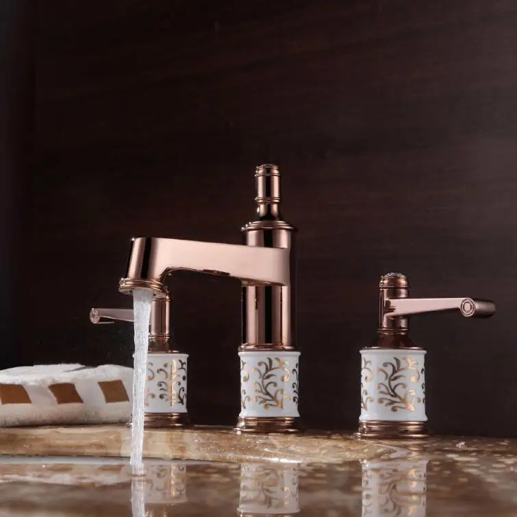 

Authentic European Classical Imitation gold-plated Ceramic Basin Taps Double three-hole Split Marble basin-wide Copper